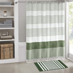 Awellife Sage Green Bathroom Sets with Shower Curtain and Rugs 72" X 72" Stripe Tassel,Shower Curtain Sets with Rugs 32"x20" Extra Soft Absorbent Chenille