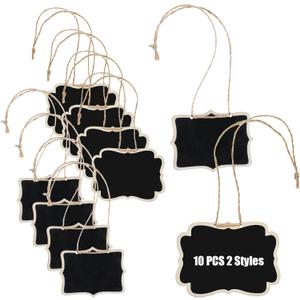 Nogeqi 10 Pcs Mini Hanging Chalkboard Signs for Food Wooden Mini Chalk Boards Small Chalkboard Sign Erasable Blackboard Message Boards Labels Food for Wedding Party Buffet, 2 Styles