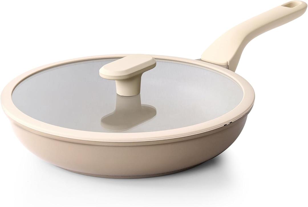 PRICUSIS Nonstick Frying Pan with Lid, Healthy Skillet, Egg Pan Nonstick Omelet Pan Chef's Pan, PFOA & PTFE Free, Induction Compatible (10 Inch W/L Natural Linen)