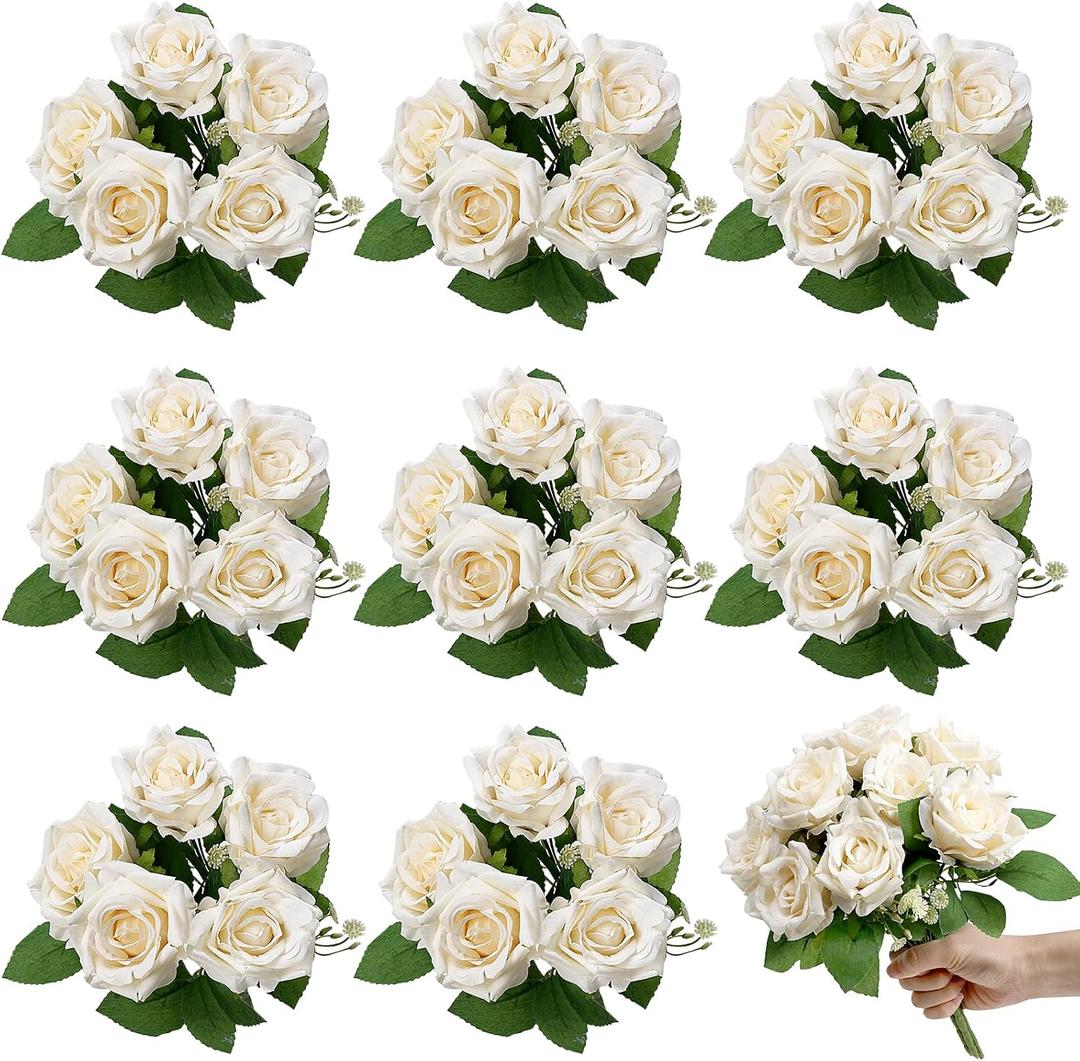Artificial Roses Bouquets - 8 Bundles Fake Silk Flowers Realistic Faux Florals Bulk for Wedding Bridal Party Baby Shower Event Home Arrangements Centerpieces Decorations (Champagne)