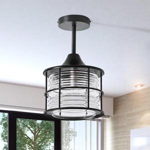 Semi Flush Mount Ceiling Light Industrial Vintage Glass Pendant Light with Clear Seeded Glass & Matte Black Finish for Kitchen,Bedroom(Bulb Not Included)