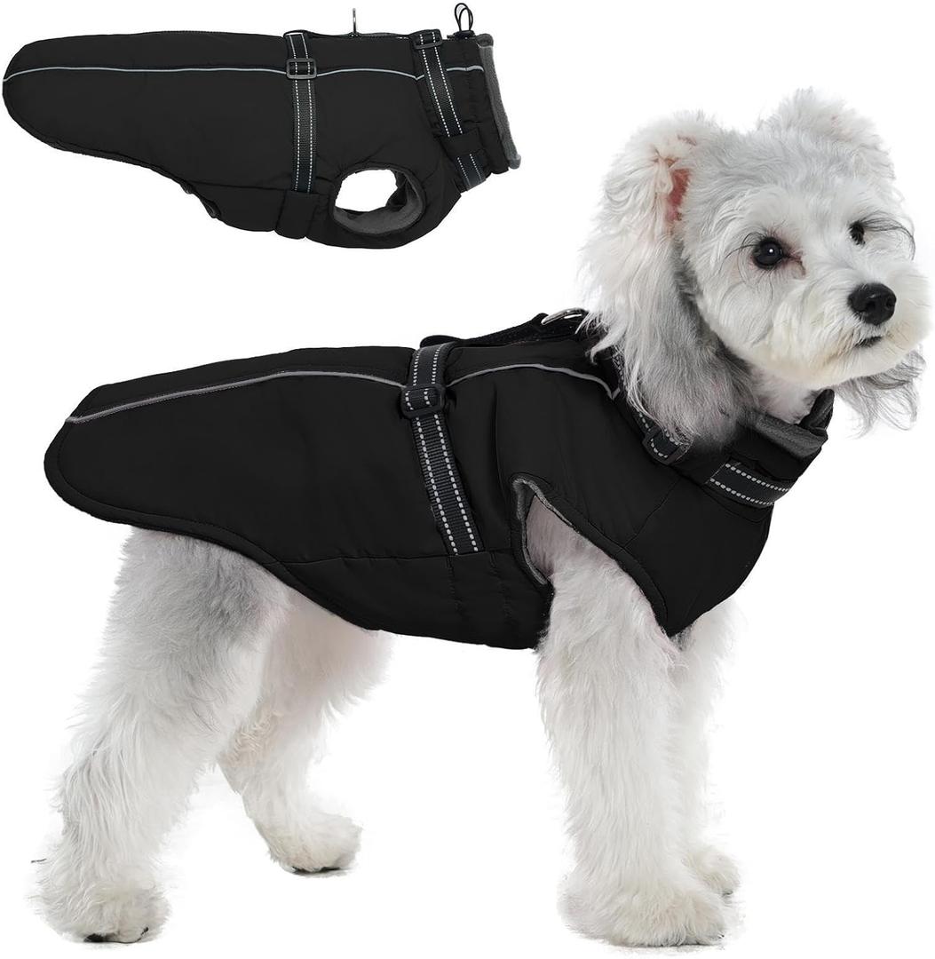 PUMYPOREITY Winter Fleece Coat for Small Dogs, Reflective Dog Jacket with Harness Built in, Waterproof Warm Coat for Dogs, Cold Weather Coats for Outdoor, Therma Windproof Pet Snowsuit, Black,XS