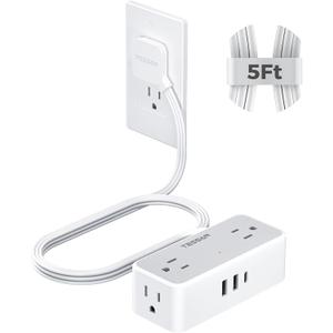 Flat Plug Extension Cord 5 FT, TESSAN Surge Protector Power Strip with 4 AC Outlets 1 USB C and 2 USB A Ports, 900 Joules Protection, Multiple Wall Outlet Extender Suitable for Home Office Dorm