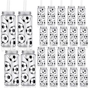 Domensi 24 Pack 14.2 oz Soccer Plastic Cups with Lid and Straw Clear Reusable Cups with Lids and Strawstumbler for Birthday Sports Themed Party Supplies