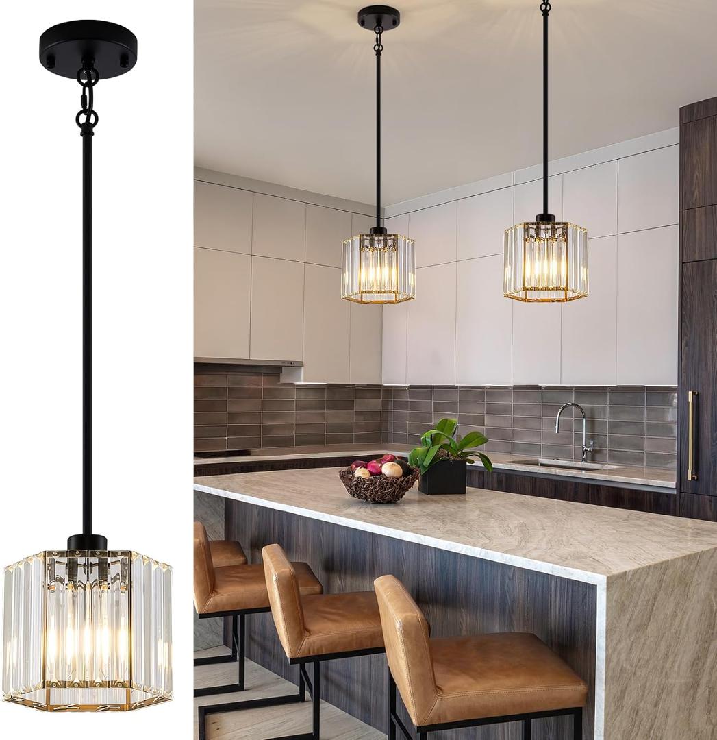 Black Pendant Lights Kitchen Island 2 Pack, Modern Crystal Chandeliers, Mini Hexagonal Pendant Light Fixture, Adjustable Hanging Ceiling Light for Kitchen Island Dinning Room Sink Bedroom