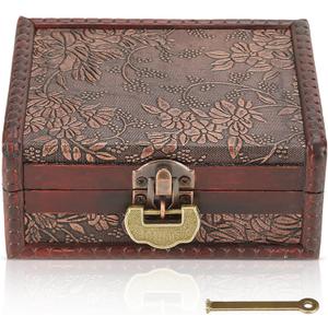 Vintage Decorative Wooden Box with lock and key, Wooden Box with Hinged Lid Jewelry Keepsake Storage Treasure Jewelry Chest