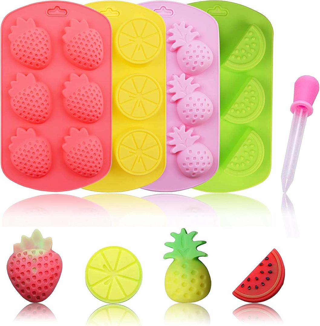 KRLIFCSL Fruit Shape Baking Mold Candy Molds including Pineapple Lemon Watermelon Strawberry, Ideal for Chocolate, Candy, Cake, Ice Cube & Jelly, Pack of 4 with 1 Dropper. (Fruit Mold)