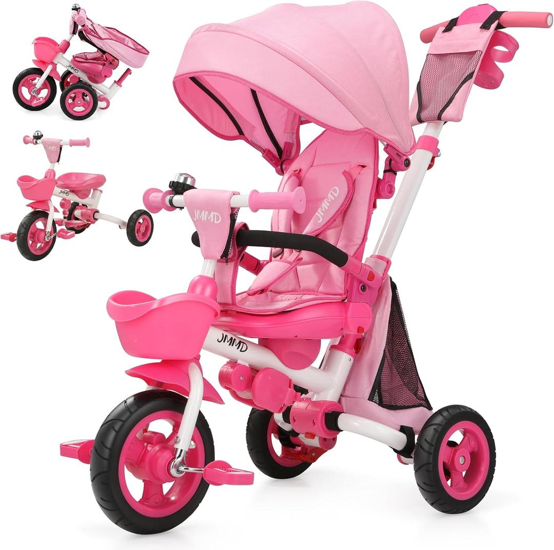 JMMD 8 in 1 Tricycle Stroller with Push Handle, Foldable Trike with 360 Swivel Seat, Reclining Backrest, All-Terrain Wheels, Dual Brakes, Canopy & Storage, Gift for Kids 18 Months to 5 Years, Pink