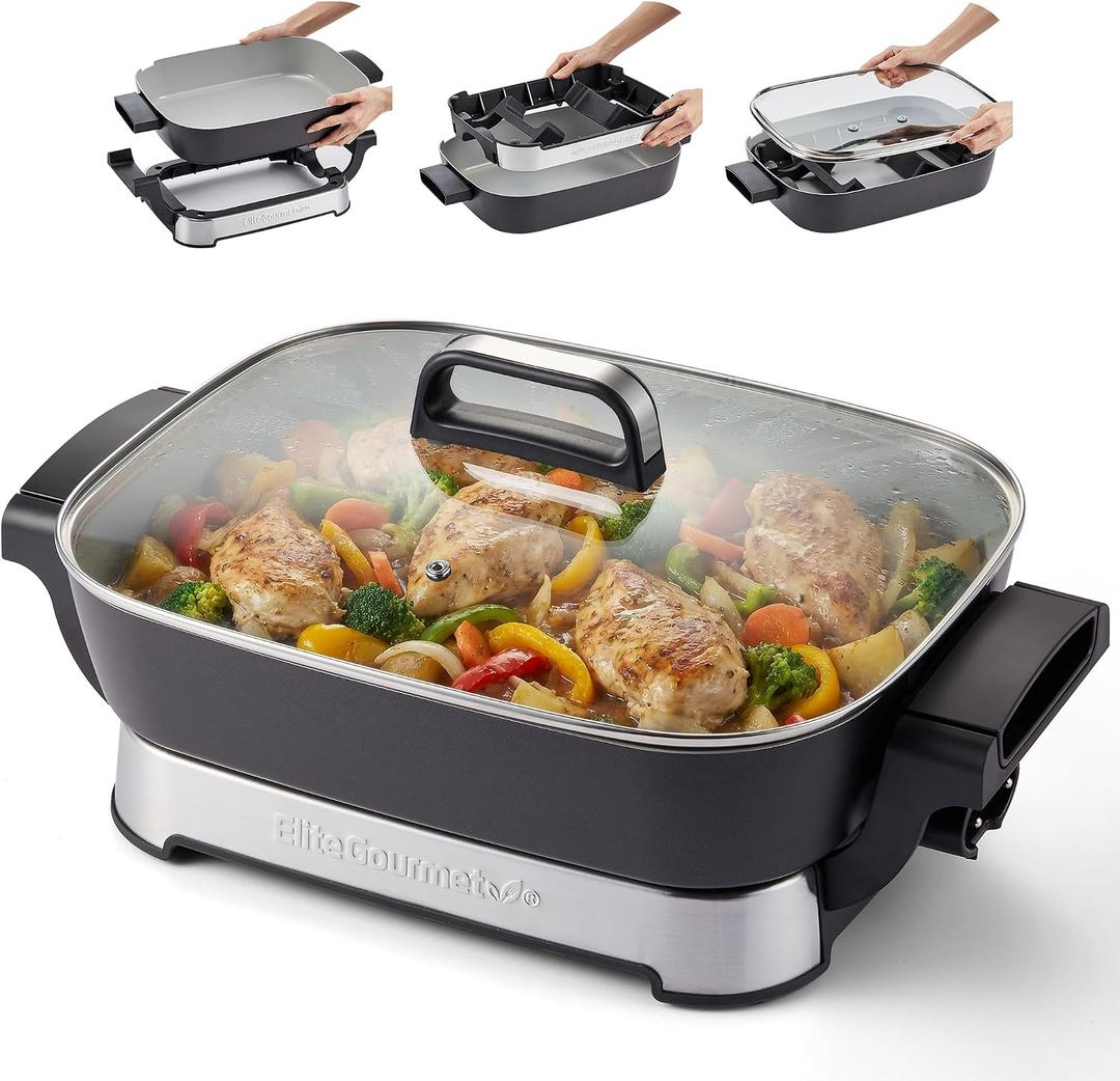 Elite Gourmet 15" x 12" x 3" Stow-Away Foldable Electric Skillet, Ceralast PFAS Free Ceramic, 1500W Rapid Heat, Dishwasher Safe Pan & Lid, Black/Grey