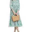 YEXPINE Women's Floral Printed Maxi Dress Boho Tassel Tie Neck 3/4 Sleeve Ruffle Hem Flowy Tiered Long Dress with Pockets Green, S