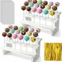 2Pcs Wood Cake Pop Stand 3 Tier Wood Lollipop Holder 17 Hole Sucker Display Riser with Lollipop Sticks & Gold Twist Ties for Dessert Table of Wedding Baby Shower Birthday Party