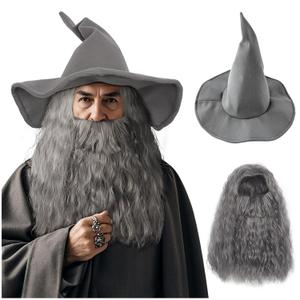 Joukavor Wizard Hat Beard and Wig Costume Accessory for Adults Halloween Cosplay (Grey)