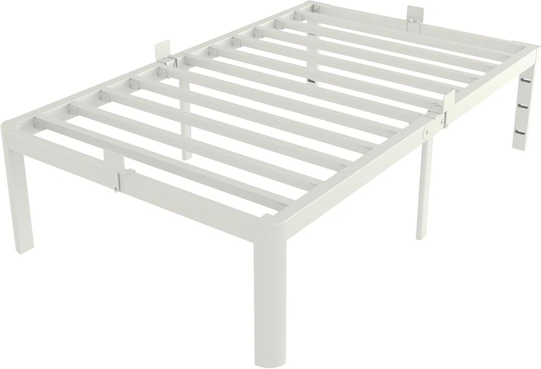 White Twin Size Bed Frames 16 Inch, Metal Platform Twin Bed Frame No Box Spring Needed, Heavy Duty Steel Support 3500 LBS, DIY Headboard, Round Legs, Noiseless, Storage Space, Easy Assembly