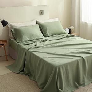 Simple&Opulence 100% Linen Sheets Queen Size Set, 4 Pcs Natural French Linen Bed Sheets, Breathable Soft Durable Bedding Set for All Season (Sage Green, Queen)