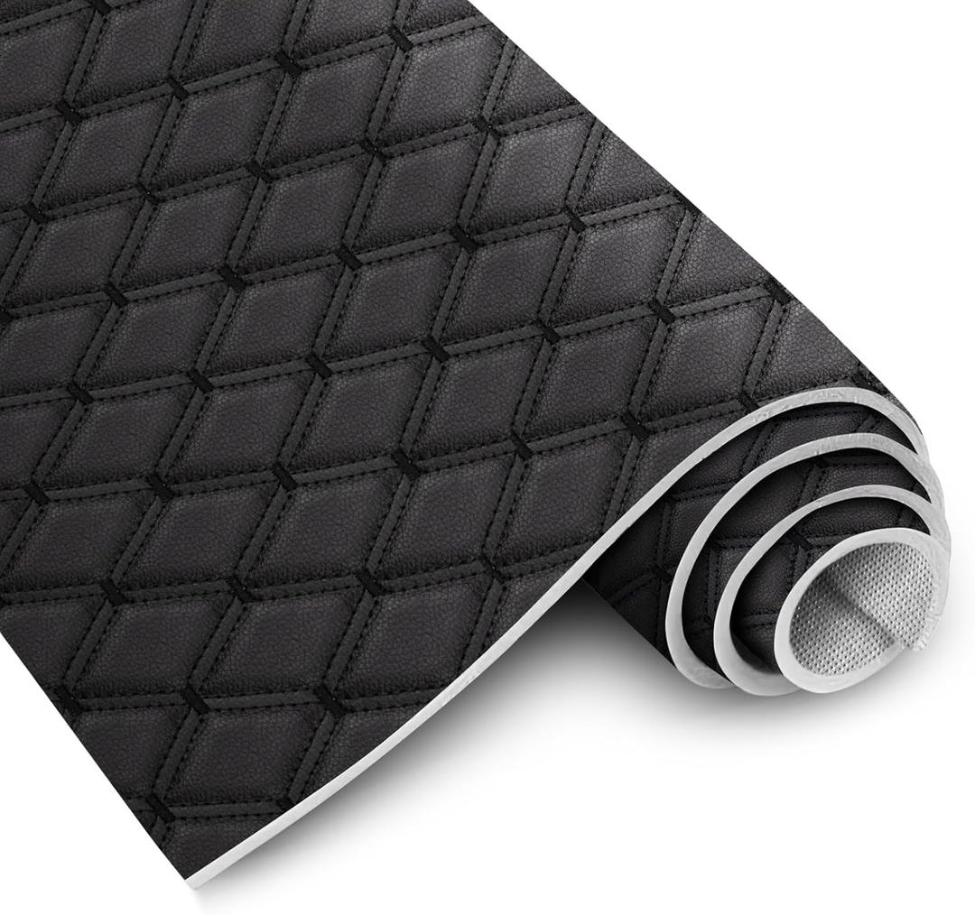 1 Yard Vinyl Faux Leather Quilted Fabric Foam Backed,63" Wide DIY Upholstery Fabric for Car Headliner,Home Decor, Headboards,and More,Black