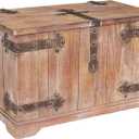 Household Essentials Decorative Trunk, Victorian, Large, Chinese Fir Wood, Aged-Wood Finish with Metal Accents, Fully Opening Lid, Stout Design, Ring Handles