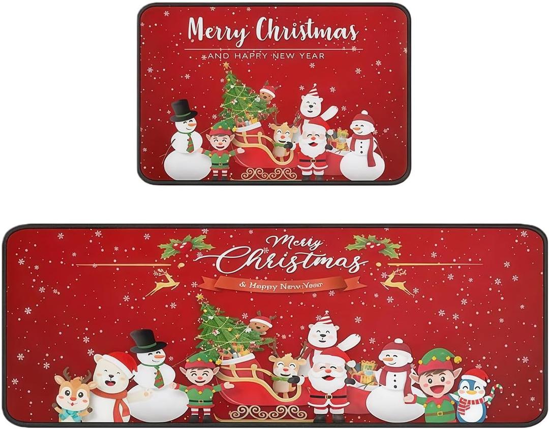 2 Christmas Kitchen Carpet and Floor Mat Set Christmas Winter Farmhouse Non Slip Carpet Christmas Snowman Floor Mat Kitchen Home Corridor Holiday Decoration, 16 x 23 and 16 x 47IN (A)