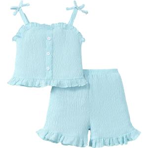 Mioglrie Toddler Baby Girl Summer Clothes Infant Outfits Cute Ruffle Sleeveless Shirt Halter Top 2 Piece Short Set 18-24M