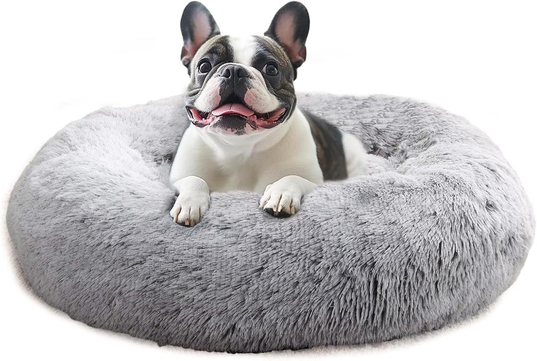 JOLLYVOGUE Calming Dog Bed Large Size Dog, Anti-Anxiety Donut Large Pet Bed, 36 inches Fluffy Faux Fur Round Cat Bed, Fits up to 75 lbs Pets (Smoke Grey) (36.0"L x 36.0"W x 8.0"Th)