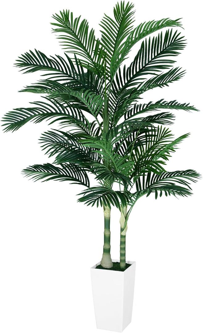 Golden Cane Palm Trees Artificial Indoor, 7FT Tall Faux Palm Tree with White Tall Planter, Artificial Plants with Natural Wood Trunk and Lifelike Leaves for Home Office Decor (9in)