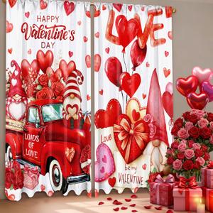 2 Pcs Valentines Day Curtains for Living Room Red Heart Truck Gnome Curtains 52 x 84 Inches Happy Valentines Day Window Drapes Romantic Love Bedroom Window Party Decor