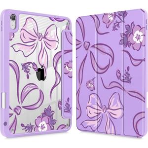 Mektron Case for 2025 iPad 11 inch (A16 Chip) 11th Gen Fit iPad 10th Gen10.9 inch 2022, Buit in Pencil Holder with Shockproof Cover Clear Shell + Trifold Stand, Flowers-Bows-Purple