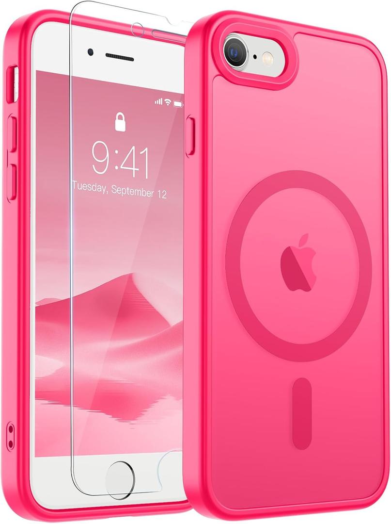 SUPFINE Magnetic for iPhone SE Case 2022 (3rd)/2020 (2nd), iPhone 8 Case with Screen Protector (Compatible with MagSafe) (Military Grade Drop Protection) Translucent Matte Phone Case, Hot Pink