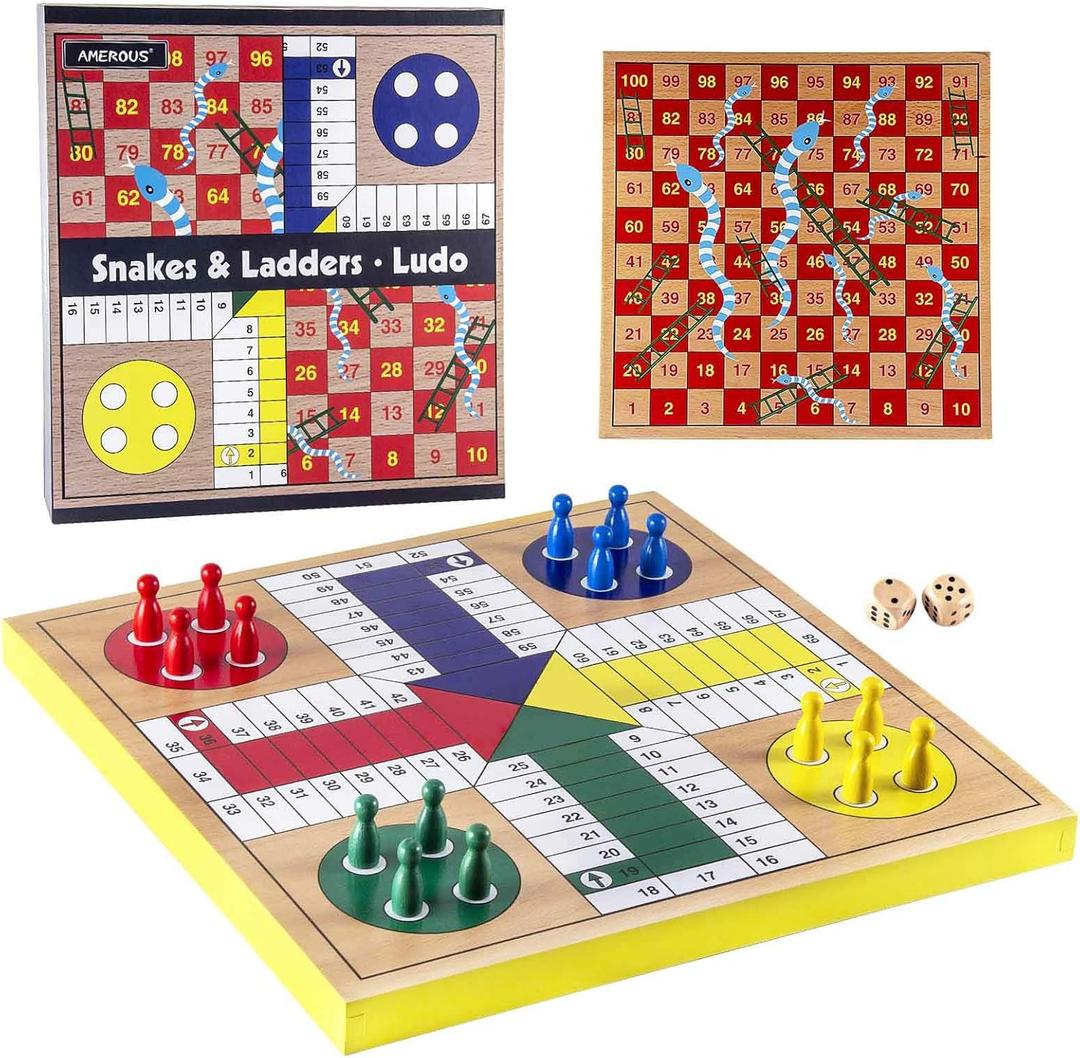 AMEROUS 12 inches Wooden Ludo Board Game - Snakes and Ladders, 2 in 1 Reversible, 1-4 Players Family Dice Games Set for Kids, Adults, Classics Tabletop Version (Gift Box Packed)