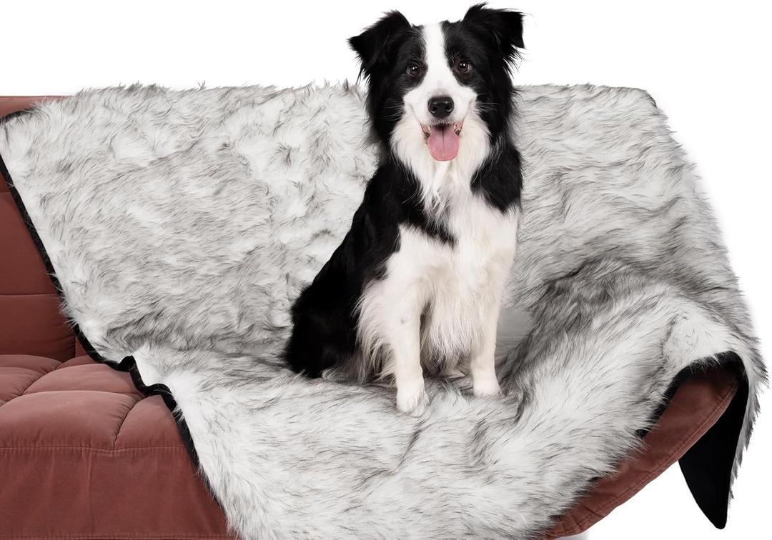 NESTROAD Waterproof Dog Blanket | Premium Soft Fur | 60" x 50" Extra Large | Machine Washable | Versatile Blanket for Dog's Comfy & Furniture Protection - White & Black