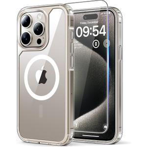 TAURI for iPhone 15 Pro Max Case, Compatible with MagSafe, [3 in 1] 1X Clear Case [Not-Yellowing] with 2X Screen Protectors, Military-Grade Protection, Magnetic Case for iPhone 15 Pro Max, Clear