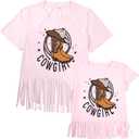 Western Shirts for Women Cowgirl Boots Hat Shirt Mom and Daughter Matching Outfits Vintage Cowgirl Fringe Tops Short Sleeve (Small)