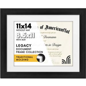 Americanflat 11x14 Diploma Frame with Shatter-Resistant Glass - Use as 8.5x11 Frame with Mat or Display 11x14 Documents Without Mat - Legacy Collection - Certificate Frames for Wall Display - Black