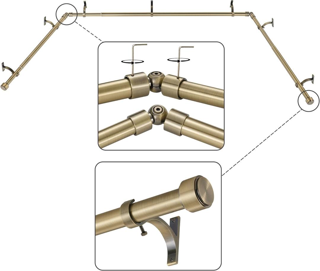 Antique Bronze Bay Window Curtain Rods with Aluminum End Cap Finials and Brackets,Adjustable 36-72 Inch Center Rod for windows (24-68), 20-36 Inch Side Rods for windows (16-32)