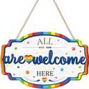 HOURIA 3D All are Welcome Here Door Sign(11.4”x7.5”),Colorful Rainbow Love Heart Classroom Welcome Door Hanger, Rustic Pride Month LGBTQ Party Wall Hanging Sign for Home Office Classroom School