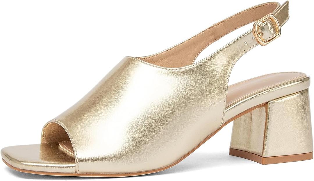 NEWBELLA Women's Square Toe Slingback Sandals - Open Toe Low Block Heels with Adjustable Ankle Strap, Fashion Dressy Sandals for Wedding, Party & Evening Events, 8