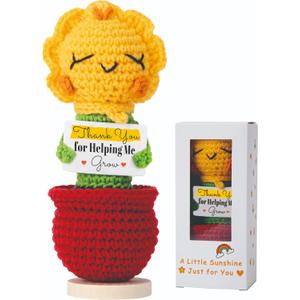 4 x Teacher Appreciation Gift  Crochet Sunflower Plush with Thank You for Helping Me Grow, Handmade Flower Desk Decor, End of Year Graduation Birthday for Teachers, Colleagues, Women