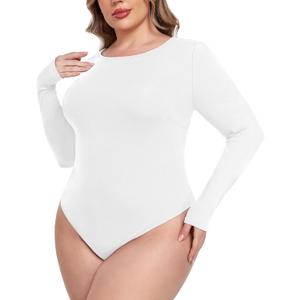 COOTRY Plus Size Crew Neck Bodysuits for Women Long Sleeve Body Suit Basic Slim Fit Bodysuit Leotard Tops (4X-Large, White)