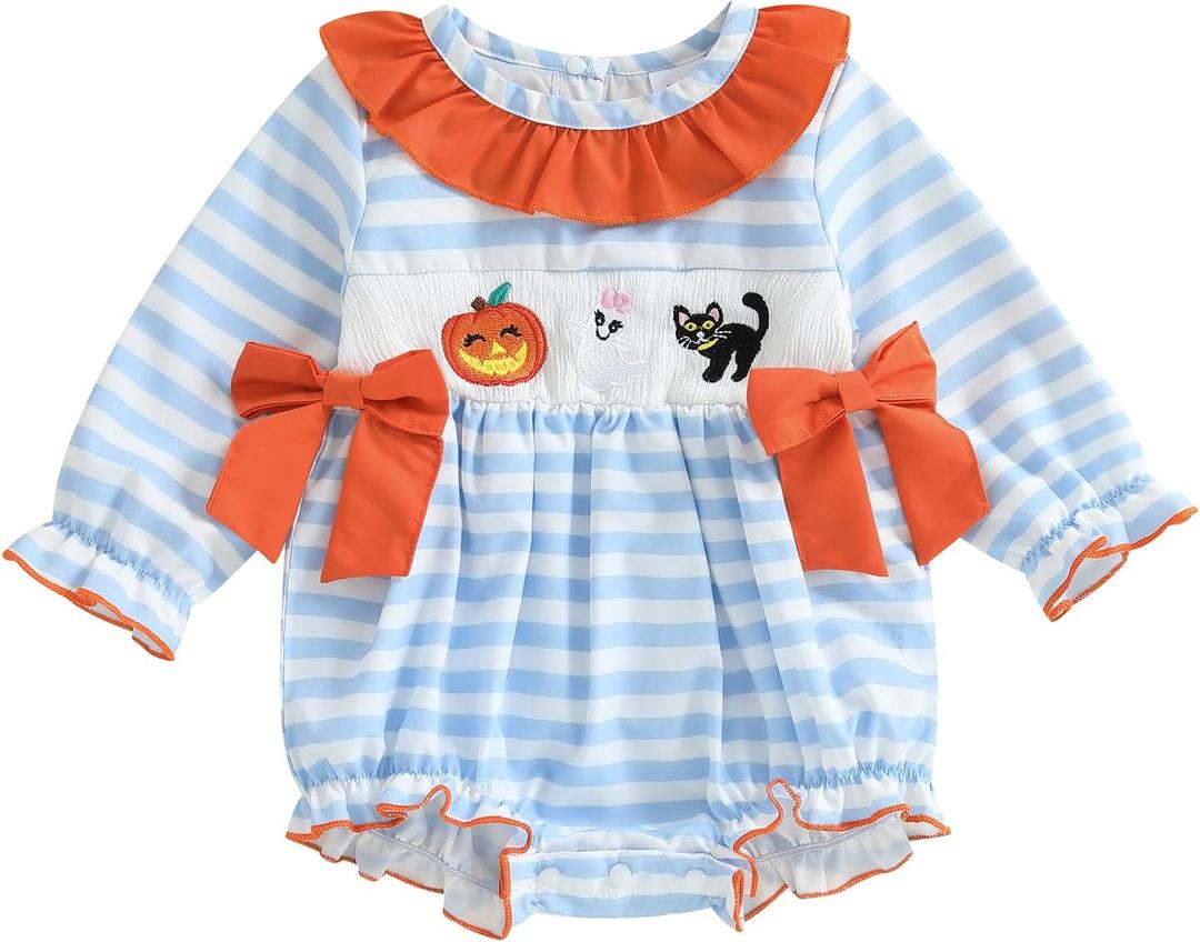 Baby Girl Halloween Outfit Peter Pan Collar Pumpkin Romper Bowknot Onesie Cute Girl Fall Winter Clothes (0-3 Months, Orange)