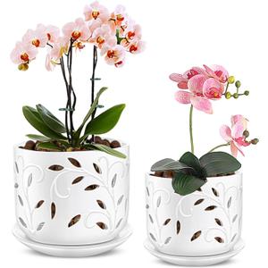 EFISPSS Orchid Pot with Holes, 5+6Inch Ceramic Plant Pots with Drainage Holes and Tray, Promoting Air Circulation and Drainage, Indoor/Outdoor White Flower Pots
