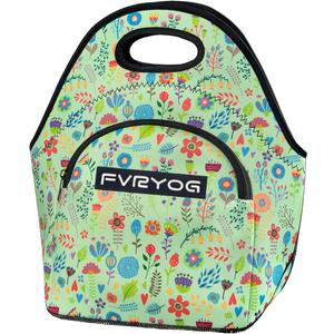 Neoprene Lunch Bag, Reusable Insulated Tote (9 Qt), Easy to Clean Inside & Out for Lasting Freshness, Odor-Free for Men & Women 13.4 * 13.4 In (Medium, Green Flowers)