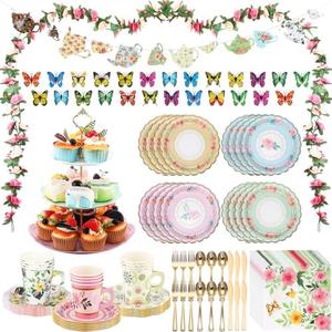 20 Pcs Floral Tea Party Dinnerware Set Include 9 oz Paper Cups and Saucers, Napkins, 3 Tier Cake Stand, Serving Platter, Butterfly Decorations, Flower Banner Tableware for Birthday Wedding