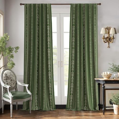 RYB HOME Striped Velvet Curtains, Luxury Classical Room Vintage Darkening Thermal Insulated Silky Soft Floral Curtains for Living Room Bedroom, 52" Width x 84" Length, Green, 2 Panels