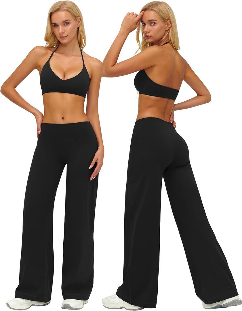 ABOCIW Two Piece Workout Sets for Women V Neck Halter Sports Bra Straight Leg Yoga Pants Gym Pilates Outfits (Black, S)