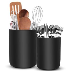 YKDGBRE Ceramic Utensil Holder for Kitchen Counter, 6.3”×4.7” Black Kitchen Utensil Holder for Countertop, 2 Pcs Cooking Utensil Crocks for Spatula, Spoon, Forks, Plant (Black)