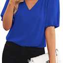 GRAPENT Business Casual Tops for Women Work Blouses Dressy Short Puff Sleeve Office Pleated V Neck Trendy Summer Blouse, XL