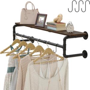 Perchero industrial de tubera con estante superior y 3 ganchos, estante de ropa montado en la pared de 41 pulgadas de largo, barra de ropa de hierro resistente, barra de barra para colgar