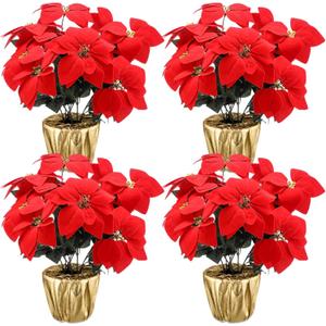 4 Sets 18.5 Christmas Poinsettia Artificial Flowers Potted with Gold Pot Bags Desktop Plants for Home Garden Table Centerpiece Window Gift Holiday Xmas Decor
