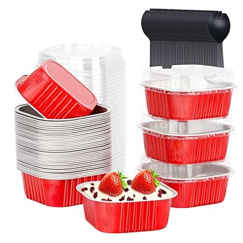 LNYZQUS 10oz Square Baking Cups Brownie Pans with Lids 40 Pack, Disposable Ramekins Mini Cake Pan,4”X4” Aluminum Jumbo Cupcake Muffin Tin Dessert Holder for Christmas-Red