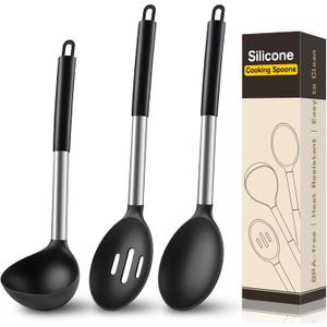 3 Pcs Silicone Cooking Spoon Set, Kitchen Utensils Include Solid & Slotted Spoon, Soup Ladle, Food-Grade Heat Resistant, Non-Scratch Spoons for Serving, Stirring, Draining, Dishwasher Safe, Black