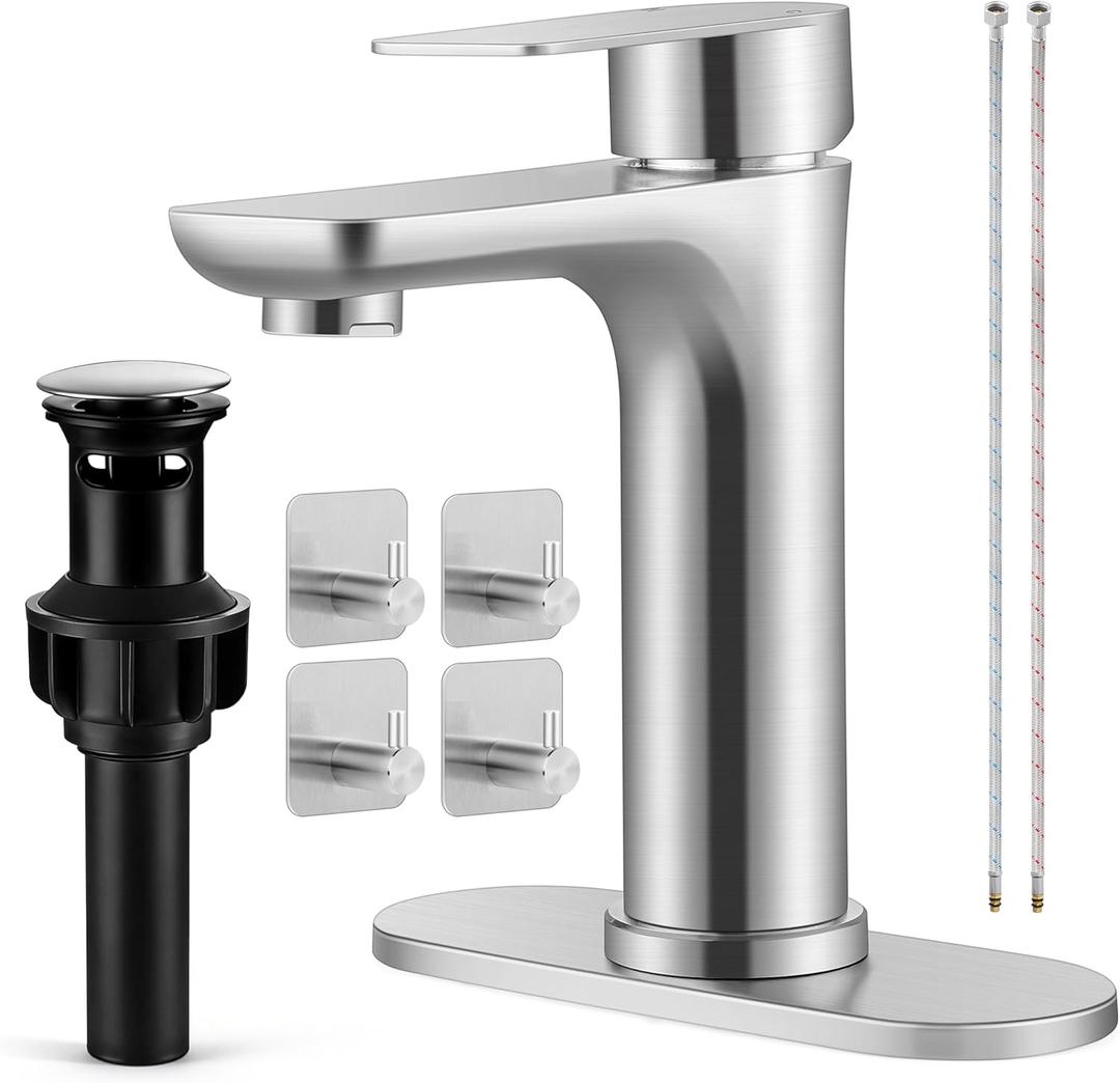 Herogo Bathroom Sink Faucet 1 or 3 Holes, Brushed Nickel Bathroom Faucet with Pop-up Drain, Hooks & Water Supply Hoses, Stainless Steel, Single Handle, for Vanity RV Farmhouse
